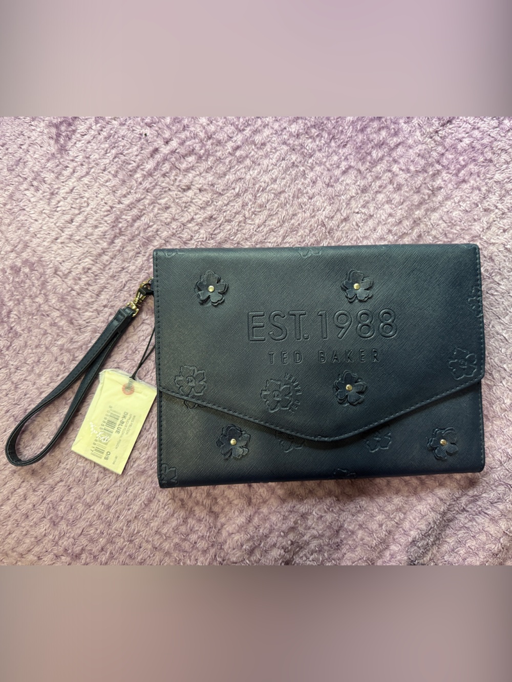 Ted Baker Navy Floral Embossed Wristlet Clutch with Gold Accents